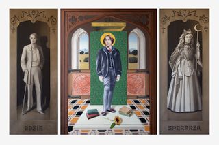 Row of three paintings named 'A Holy Family' Centre: colourful portrait of Oscar Wilde, Left: Male grey figure in a smart suit holding a walking stick, Right: Grey female figure in a long dress, holding a staff with a crescent moon at the end