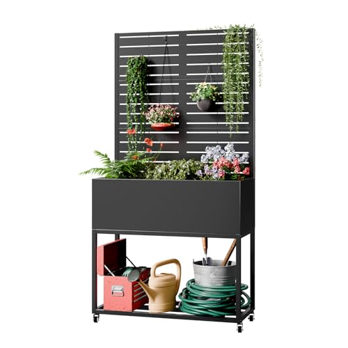 Trygoal Metal Planter Box With Trellis,67" H X35 W Raised Garden Beds With Privacy Screen for Climbing Plants Flower, Elevated Standing Planter Garden Bed With Drainage Holes for Outdoor Patio,black