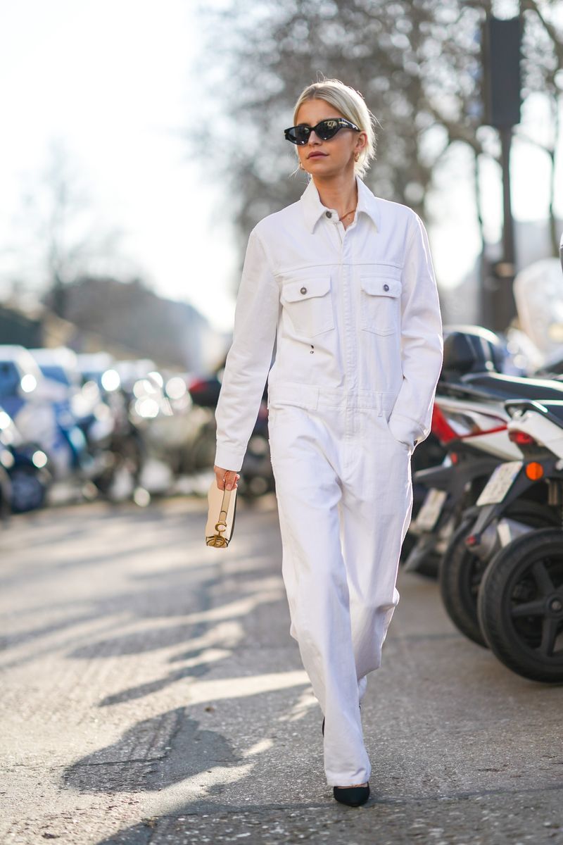 A woman wearing an all-white denim outfit