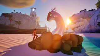 A mythical beast rises from the water before the player as the sun sets in the background