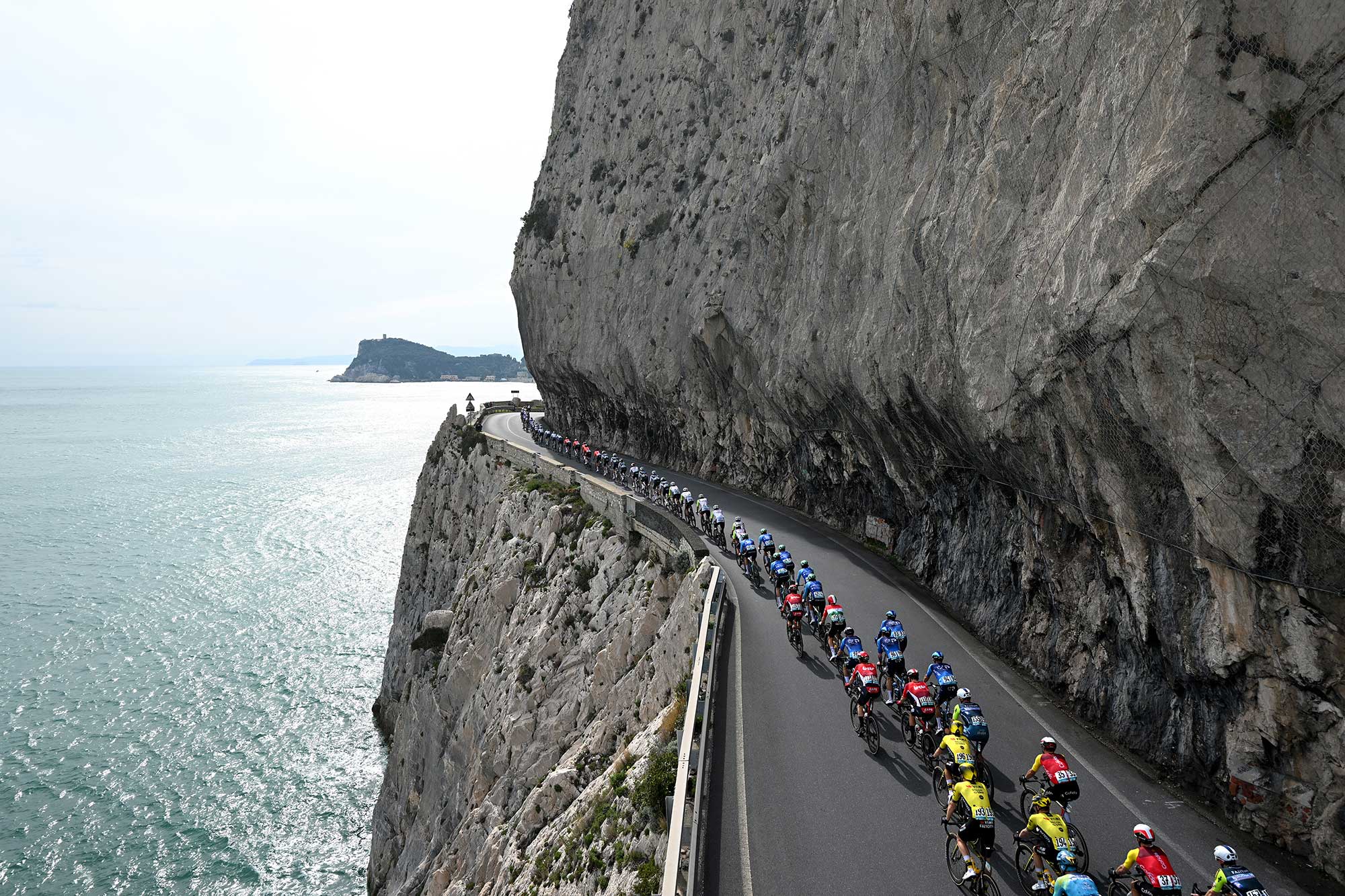 SANREMO, ITALY - MARCH 22: A general view of the peloton competing during the 116th Milano-Sanremo 2025 a 289km one day race from Pavia to Sanremo / #UCIWT / on March 22, 2025 in Sanremo, Italy. (Photo by Dario Belingheri/Getty Images)