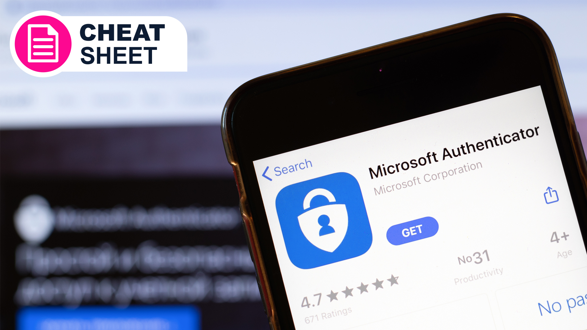 A phone showing the download page for Microsoft Authenticator