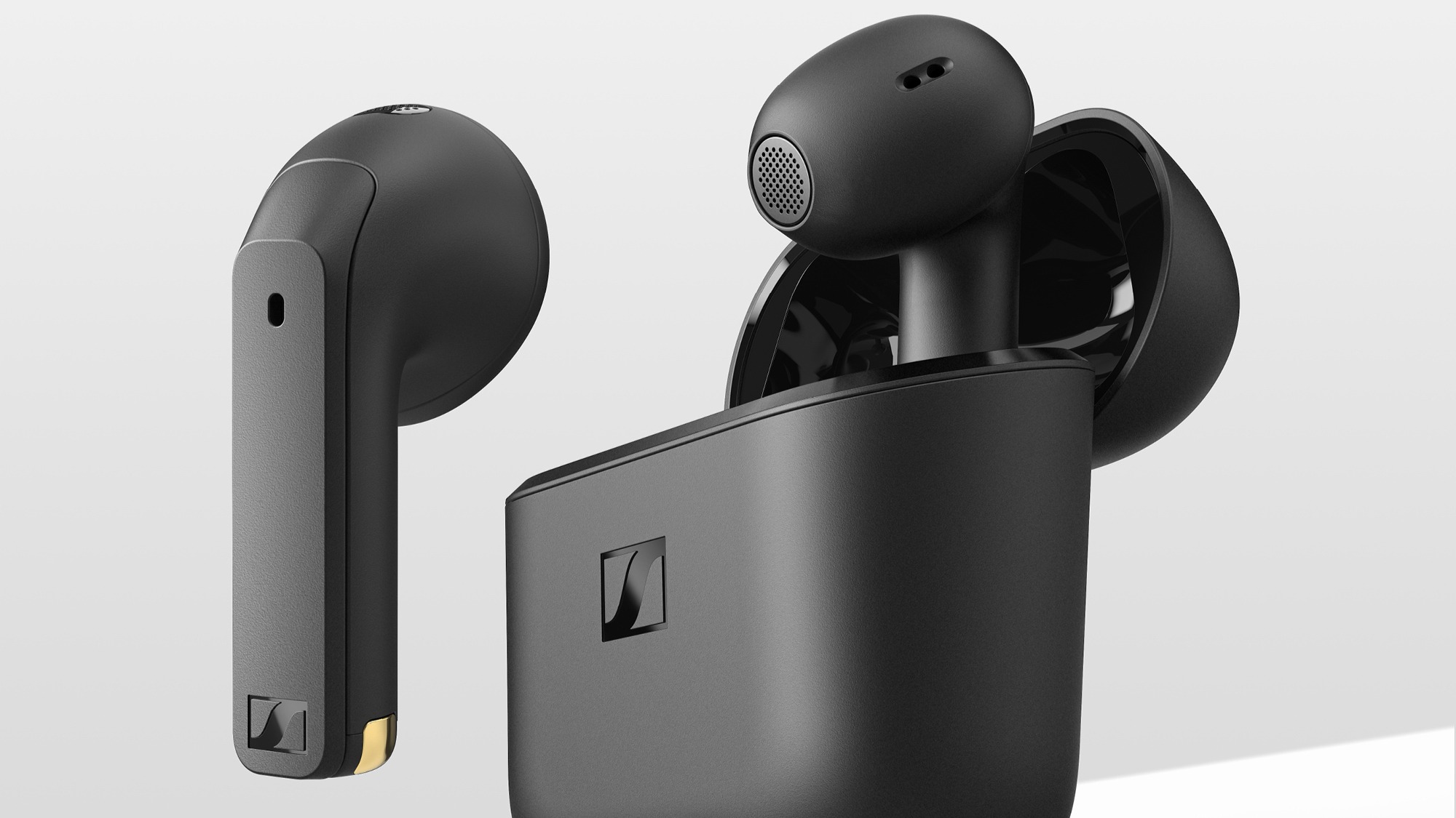 Sennheiser Accentum Open wireless earbuds in black with the case