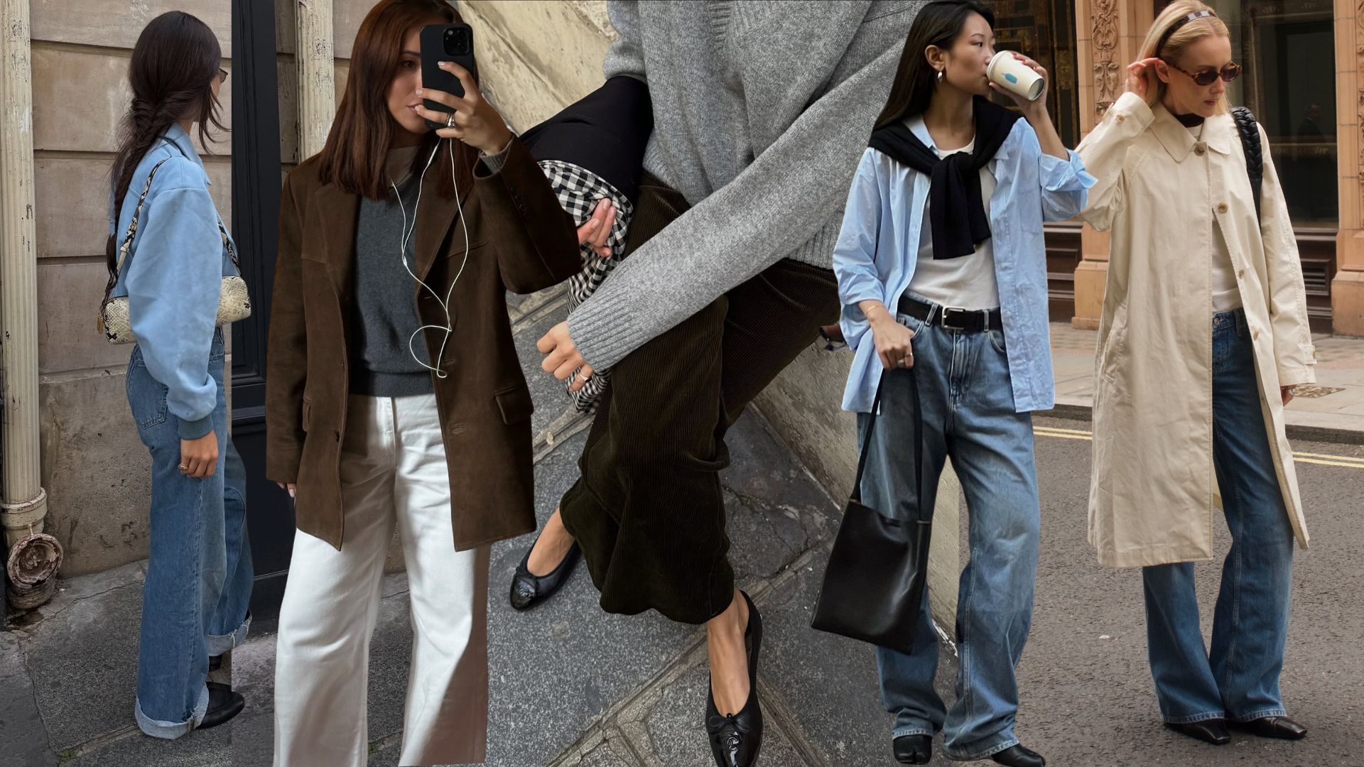 A collage of the biggest 2026 jeans trends, including fitted bootcuts, flocked fabrics, stovepipe shapes and palette cleansing colours.