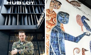 Artist standing outside Hublot building and abstract painting on the right