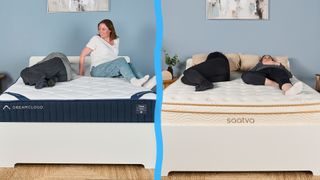 On the left, mattress testers Lauren Jeffries and Ruth Jones try out the DreamCloud Classic Hybrid Mattress. On the right, mattress testers Lauren and Ruth try out the Saatva Classic mattress