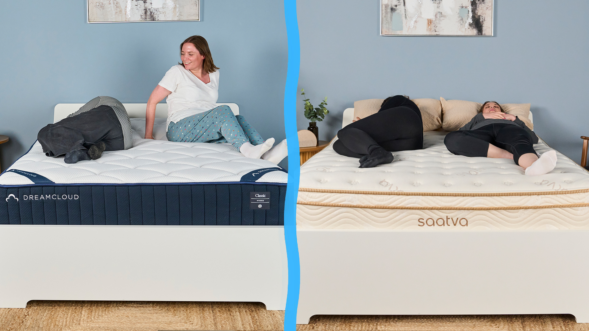 On the left, mattress testers Lauren Jeffries and Ruth Jones try out the DreamCloud Classic Hybrid Mattress. On the right, mattress testers Lauren and Ruth try out the Saatva Classic mattress
