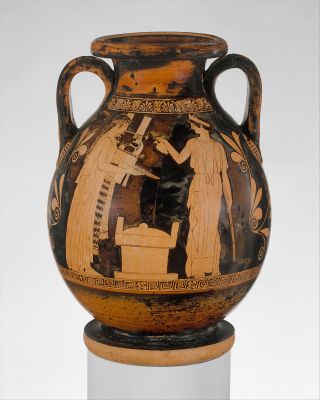 A mid-5th century B.C. vase depicting the Greek god Apollo (at left) with his twin sister Artemis.