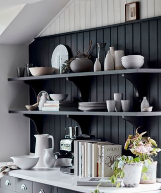 Free-standing shelves holding crockery, vases and plants on a dark wood paneled wall