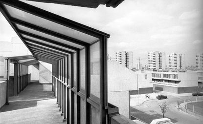 Housing at Thamesmead, Greenwich, London: view across the estate from an access deck, 1970s