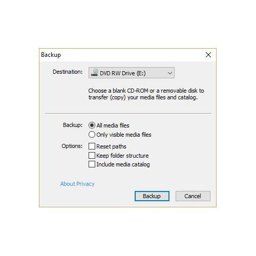 Media Pro lets you back up images on blank DVDs or CDs or on your hard drive.