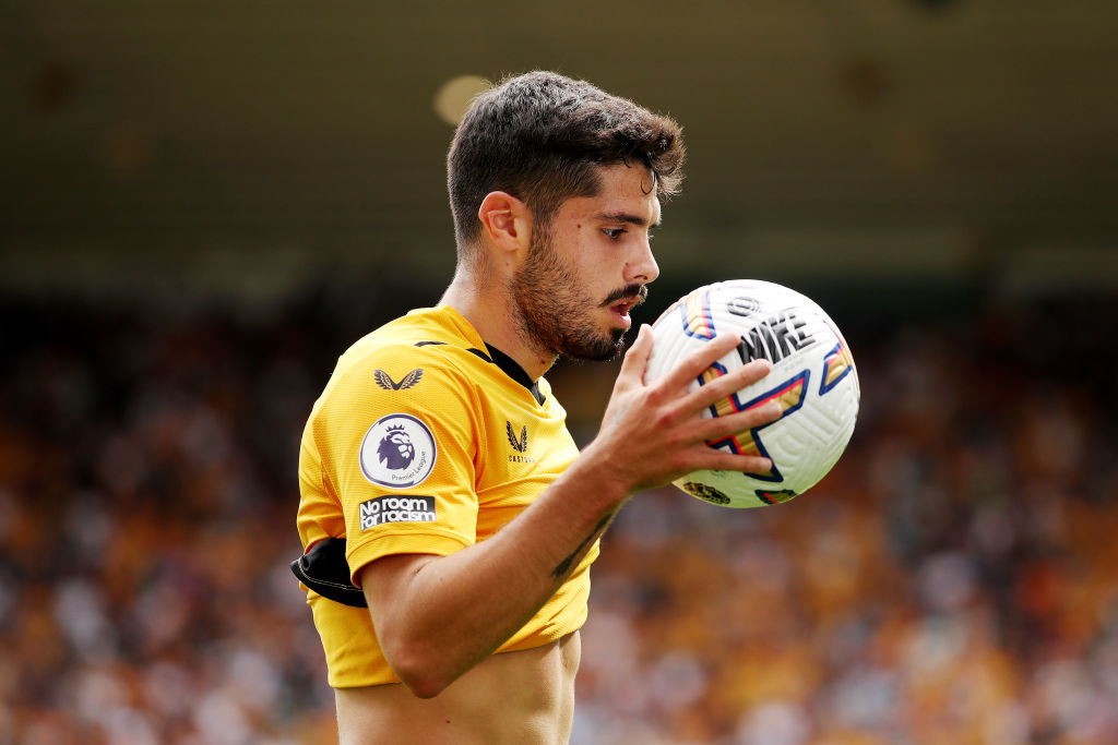 Pedro Neto of Wolverhampton Wanderers prepares for a corner during the Premier League match between Wolverhampton Wanderers and Newcastle United at Molineux on August 28, 2022 in Wolverhampton, England.