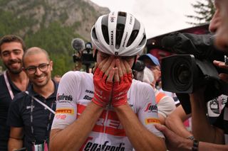 Giulio Ciccone reacts after winning stage 15 at the Giro d'Italia