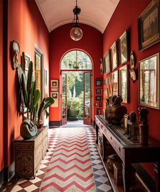 Red hallway with striped runner, sideboard, plants and gallery wall