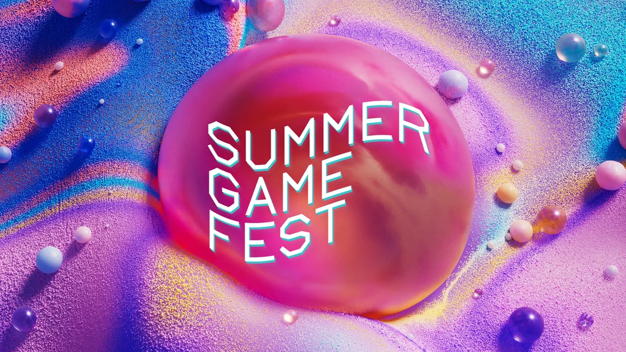 The image shows a colorful, sandy-like background with a large, magenta and orange-colored orb in the middle with the words "Summer Game Fest" engraved on it.