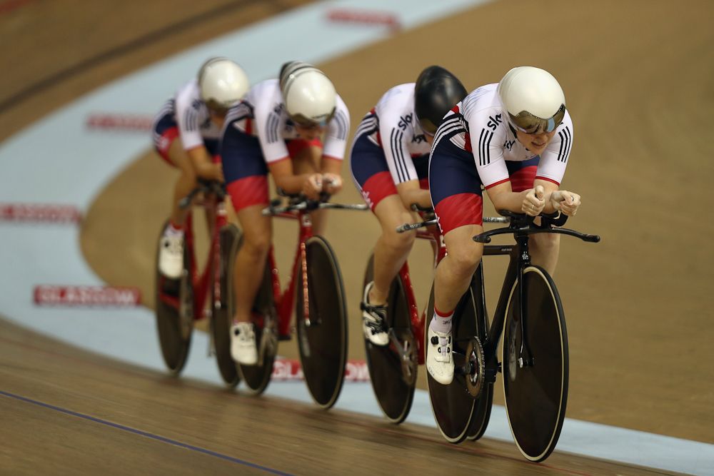 Emily Kay leads Great Britain team mates Eleanor Dickinson, Manon Lloyd and Emily Nelson in the first round of the women's pursuit