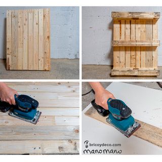wooden pallet with orbital sander and white wall