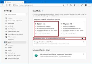 Microsoft Edge Kids Mode settings