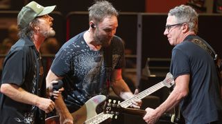 Pearl Jam play Austin, TX, in concert: [L-R] Eddie Vedder, Jeff Ament and Stone Gossard