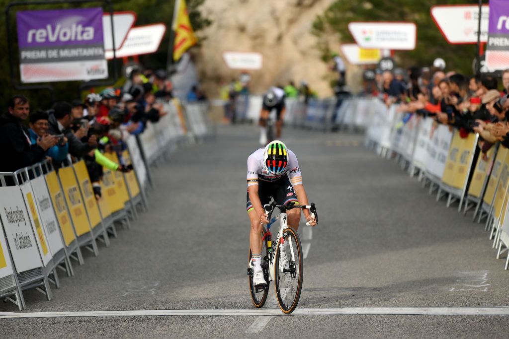LO PORT SPAIN MARCH 24 Remco Evenepoel of Belgium and Team Soudal QuickStep crosses the finish line as second place during the 102nd Volta Ciclista a Catalunya 2023 Stage 5 a 1766km stage from Tortosa to Lo Port Mirador del Portell 1033m UCIWT on March 24 2023 in Lo Port Spain Photo by David RamosGetty Images