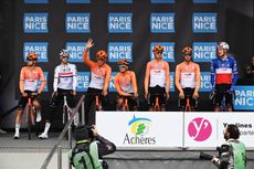 ACHERES, FRANCE - MARCH 08: Oscar Onley of Great Britain, Dorian Godon of France, Michal Kwiatkowski of Poland, Carlos Rodriguez of Spain, Joshua Tarling of Great Britain, Kevin Vauquelin of France, Samuel Watson of Great Britain and Team INEOS Grenadiers prior to the 84th Paris-Nice 2026, Stage 1 a 170.9km stage from Acheres to Carrieres-sous-Poissy / #UCIWT / on March 08, 2026 in Acheres, France. (Photo by Szymon Gruchalski/Getty Images)