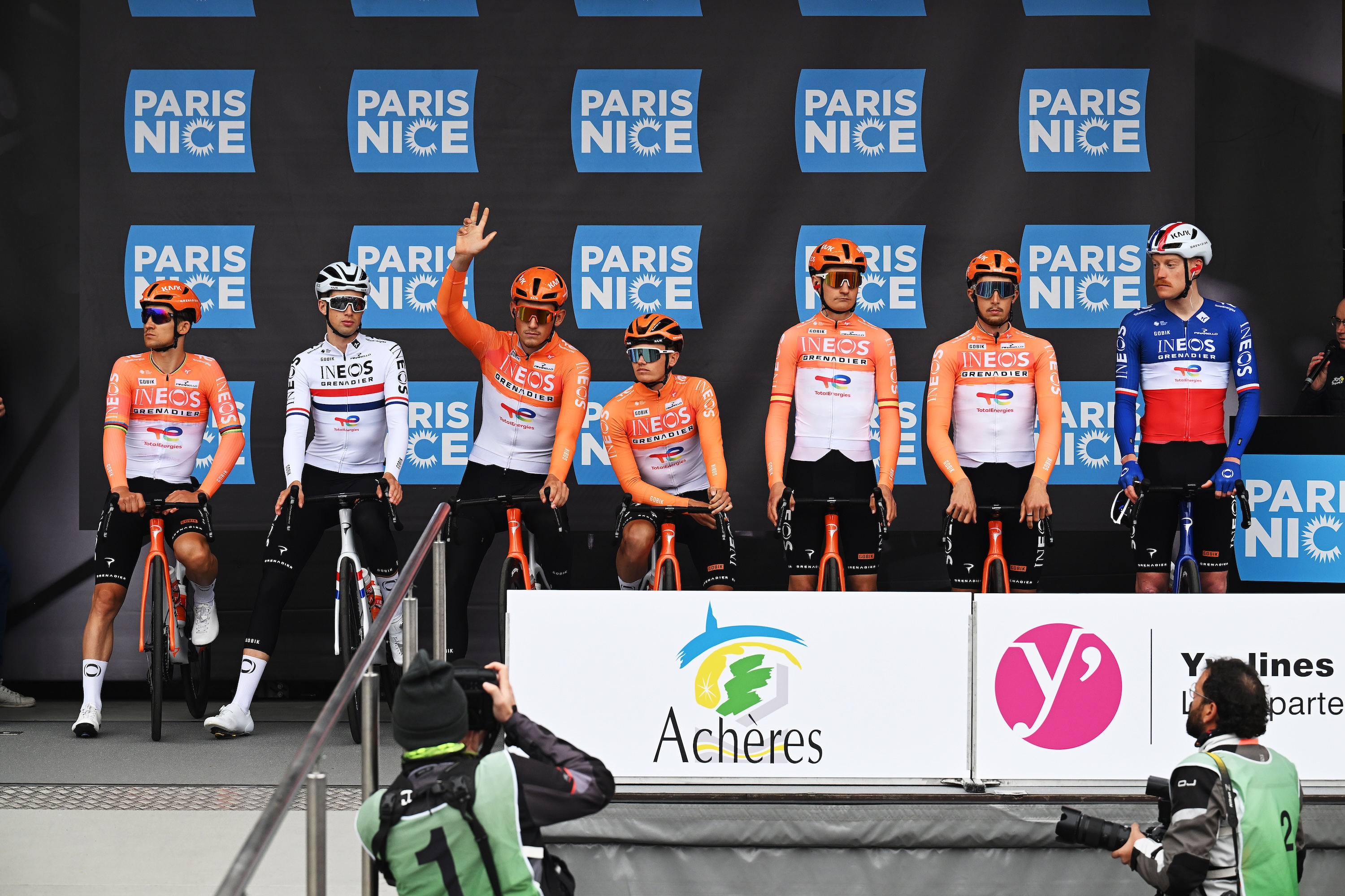 ACHERES, FRANCE - MARCH 08: Oscar Onley of Great Britain, Dorian Godon of France, Michal Kwiatkowski of Poland, Carlos Rodriguez of Spain, Joshua Tarling of Great Britain, Kevin Vauquelin of France, Samuel Watson of Great Britain and Team INEOS Grenadiers prior to the 84th Paris-Nice 2026, Stage 1 a 170.9km stage from Acheres to Carrieres-sous-Poissy / #UCIWT / on March 08, 2026 in Acheres, France. (Photo by Szymon Gruchalski/Getty Images)
