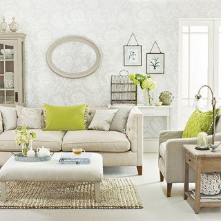 living room with lime colour and pillows on white