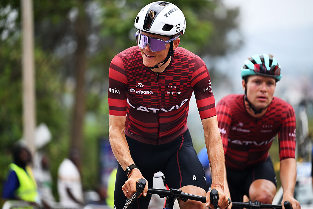 Toms Skujins smiles on a training ride in Kigali ahead of the 2025 Road World Championships