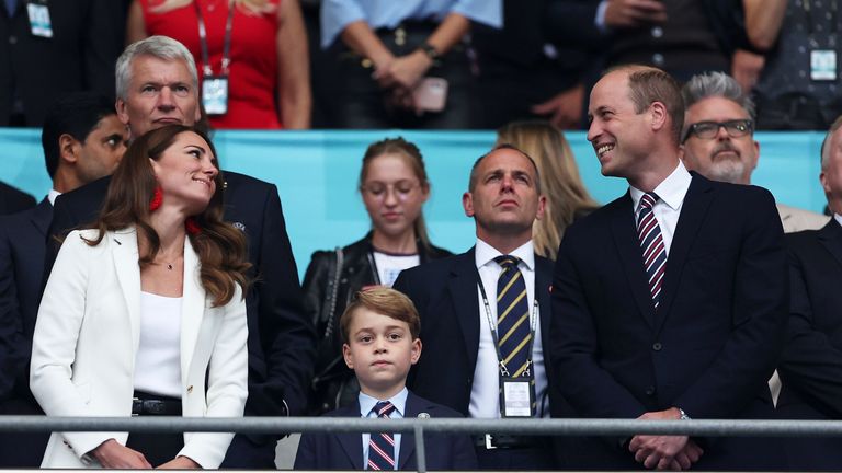 london, england july 11 catherine, duchess of cambridge, prince george of cambridge and prince william, duke of cambridge and president of the football association look on during the uefa euro 2020 championship final between italy and england at wembley stadium on july 11, 2021 in london, england photo by eddie keogh the fathe fa via getty images