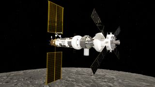 An artist's concept shows the Lunar Gateway orbiting the moon with the Orion crew vehicle docked (to the right).