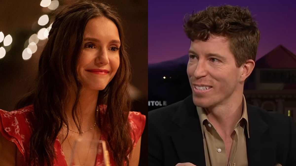 From left to right: Nina Dobrev in Love Hard and Shaun White on the Late Late Show