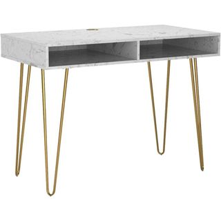 Novogratz Athena Computer Desk with Storage in white marble finish