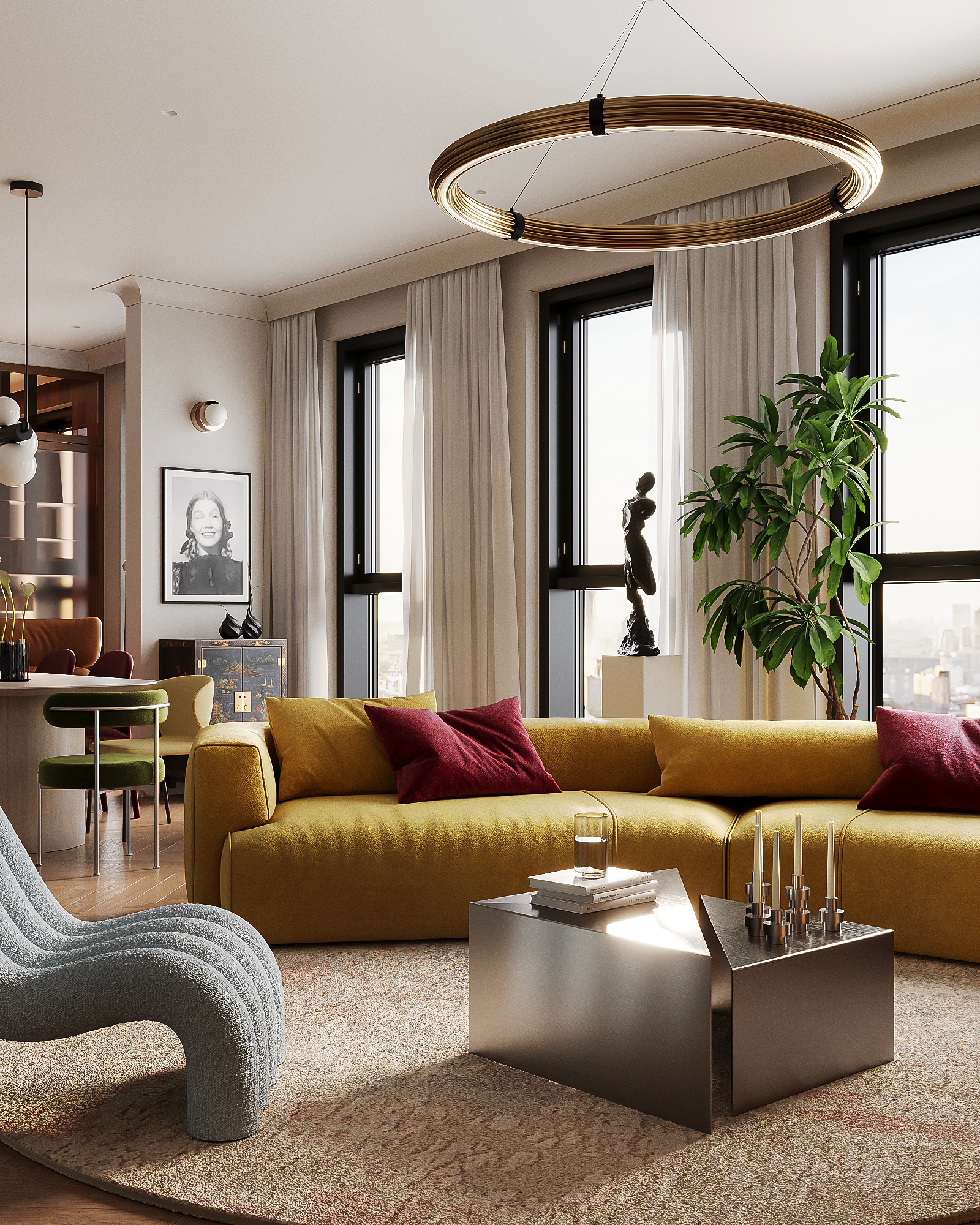 Image of a luxury, modern living room with large windows lining the walls. There is a large ochre yellow sofa in the center of the room with red throw pillows. In front of the sofa is a silver chrome coffee table.