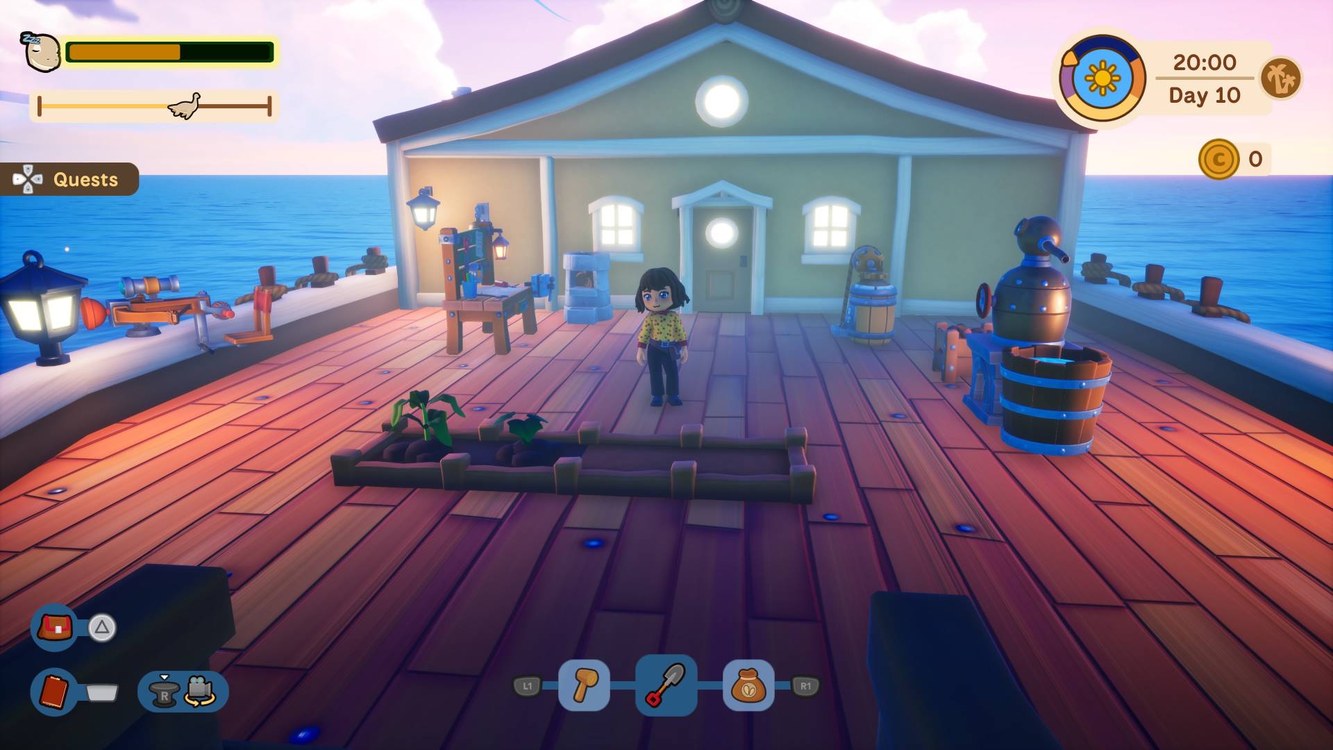 In Collector's Cove, the player character stands on the boat before crops and work stations that have been built for the mobile sea-faring farm