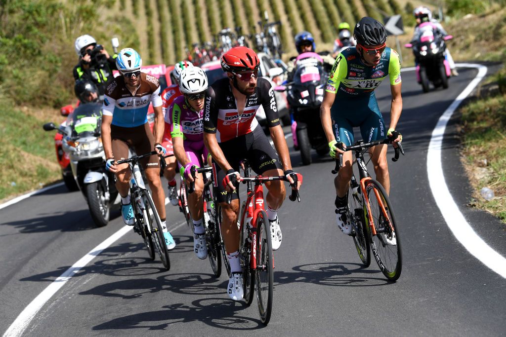 AGRIGENTO ITALY OCTOBER 04 Ben Gastauer of Luxembourg and Team Ag2R La Mondiale Alessandro Tonelli of Italy and Team Bardiani CSF Faizane Thomas De Gendt of Belgium and Team Lotto Soudal Etienne Van Empel of The Netherlands and Team Vini Zabu KTM Breakaway during the 103rd Giro dItalia 2020 Stage 2 a 149km stage from Alcamo to Agrigento 243m girodiitalia Giro on October 04 2020 in Agrigento Italy Photo by Tim de WaeleGetty Images