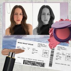 Photo collage of a selfie of WWW editor Jamie Schneider, a boarding pass, and makeup products