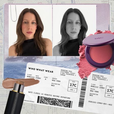 Photo collage of a selfie of WWW editor Jamie Schneider, a boarding pass, and makeup products