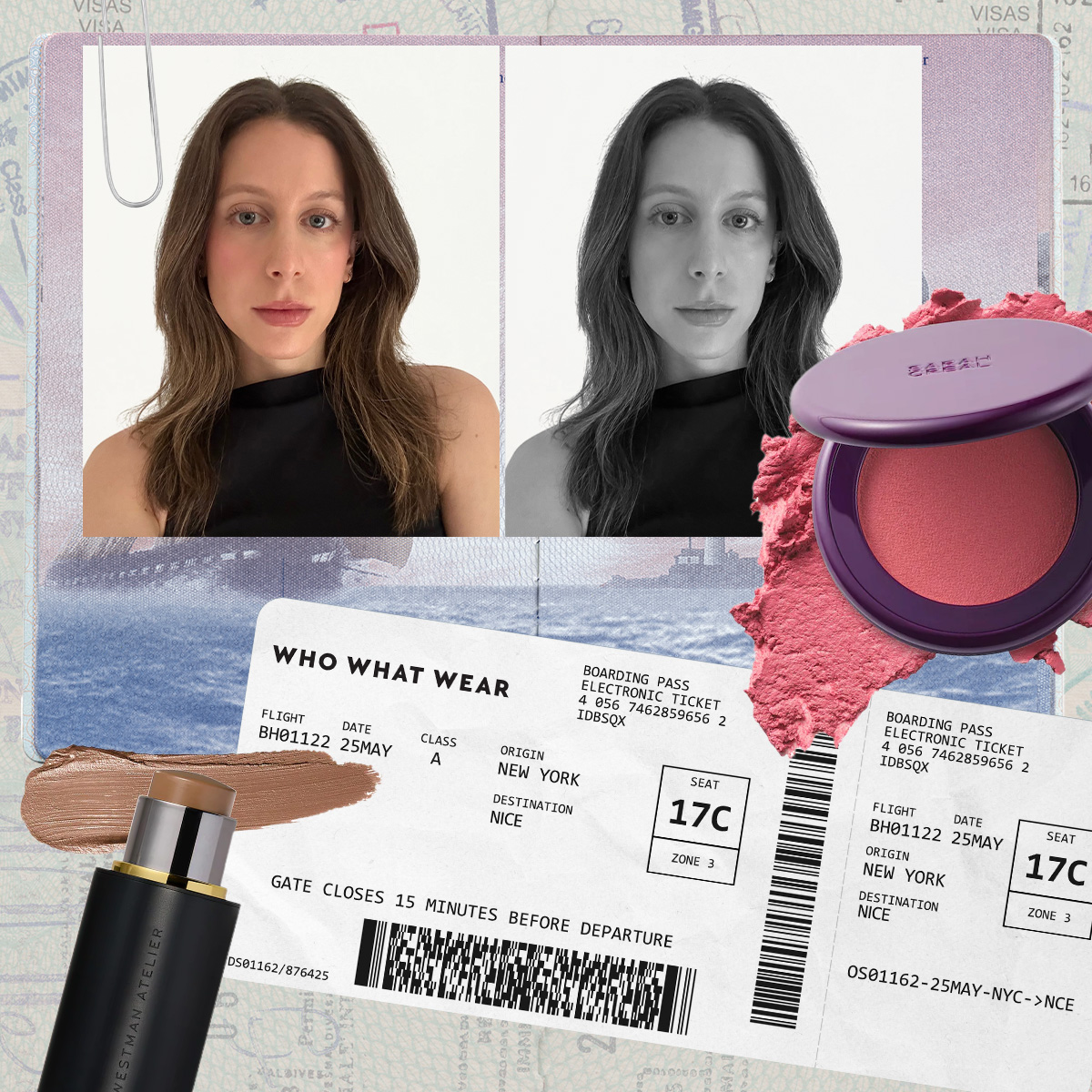 Photo collage of a selfie of WWW editor Jamie Schneider, a boarding pass, and makeup products