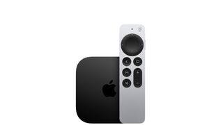 The Apple TV 4K (2022) and remote on a white background