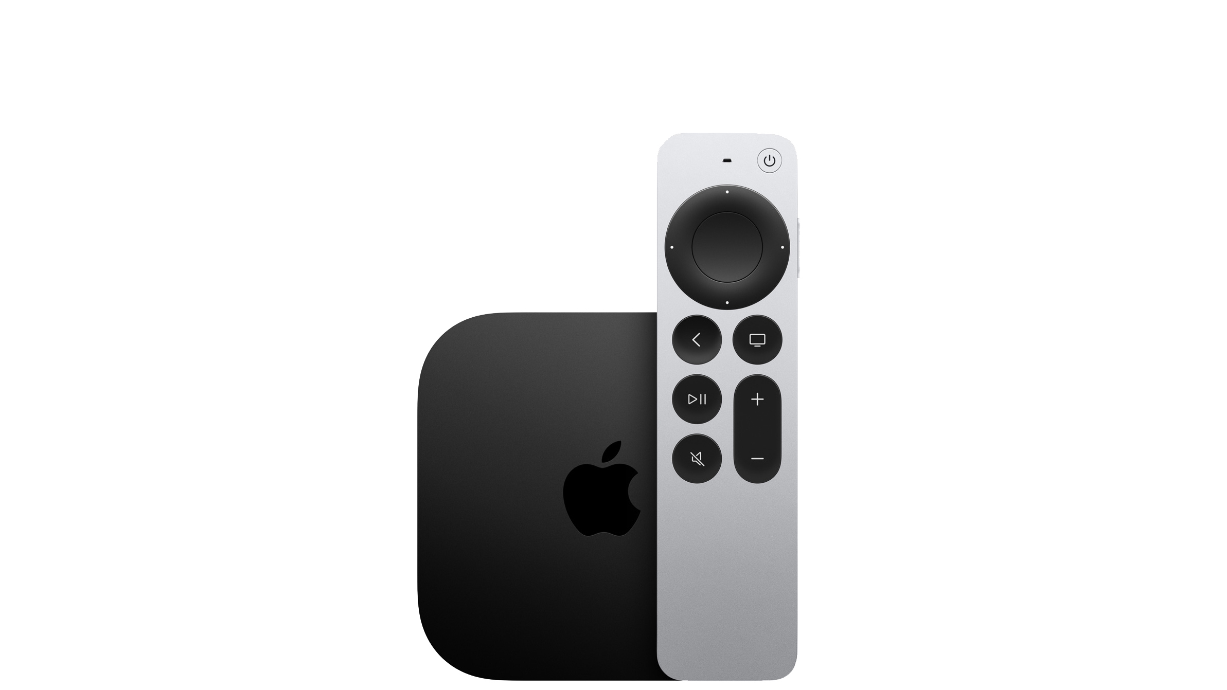 The Apple TV 4K (2022) and remote on a white background