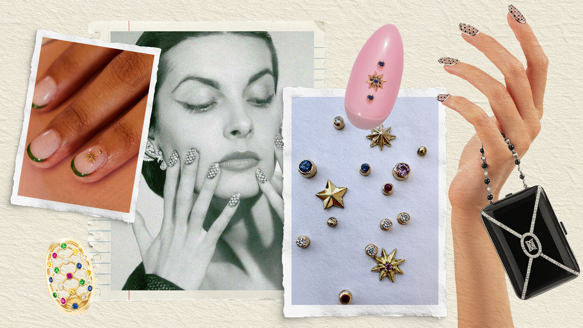 Photo collage of nail jewelry