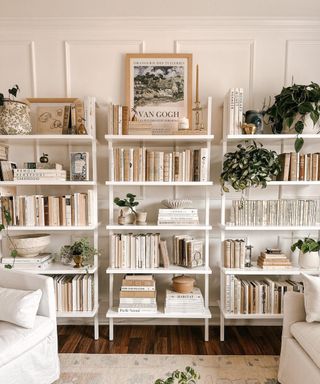 An image of freestanding white five-tiered storage shelves filled with books, plants and art works in a living room