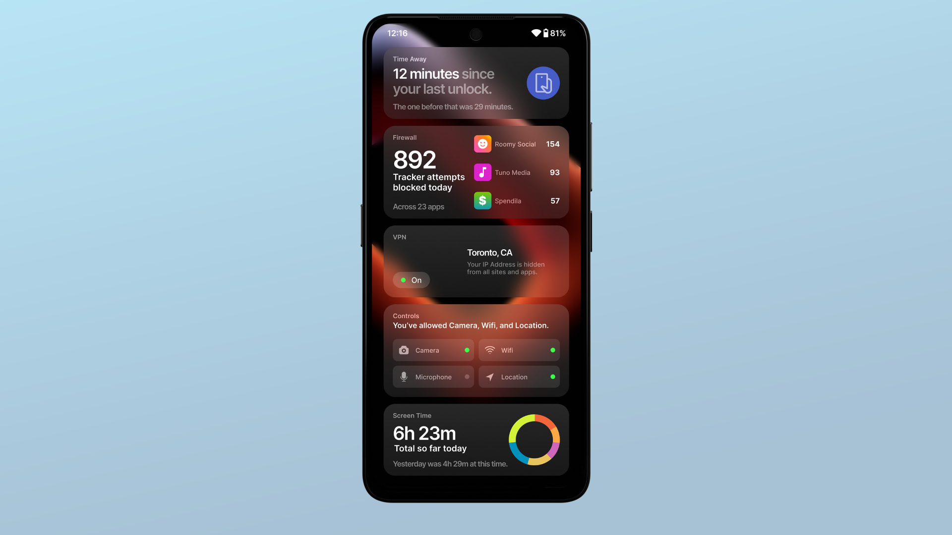 The Unplugged UP Phone's privacy tracker screen