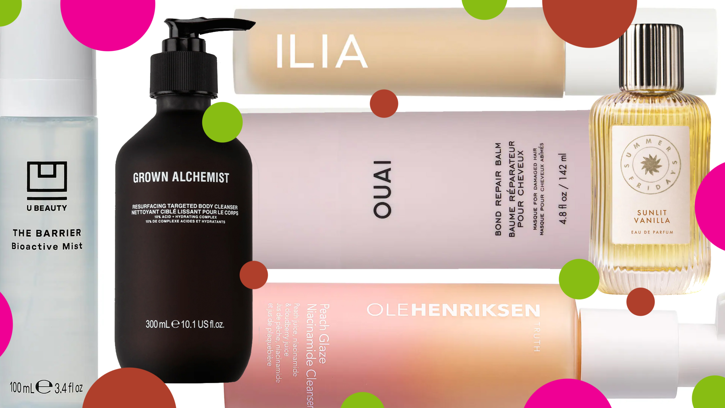 product collage of Summer Fridays Sunlit Vanilla perfume, OUAI Bond Repair Balm, U Beauty The Barrier Bioactive Mist, Grown Alchemist Resurfacing Targeted Body Cleanser, Ilia Skin Blur Serum Concealer, and OleHenriksen Peach Glaze 2% Niacinamide Cleanser on white background with green, pink, and red polka dots 