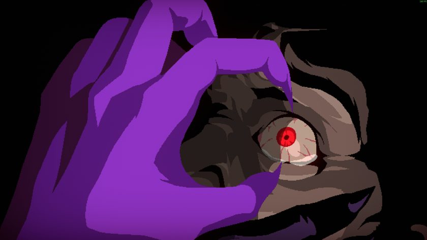 Rubinite trailer screenshot of a purple hand reaching for a red eye