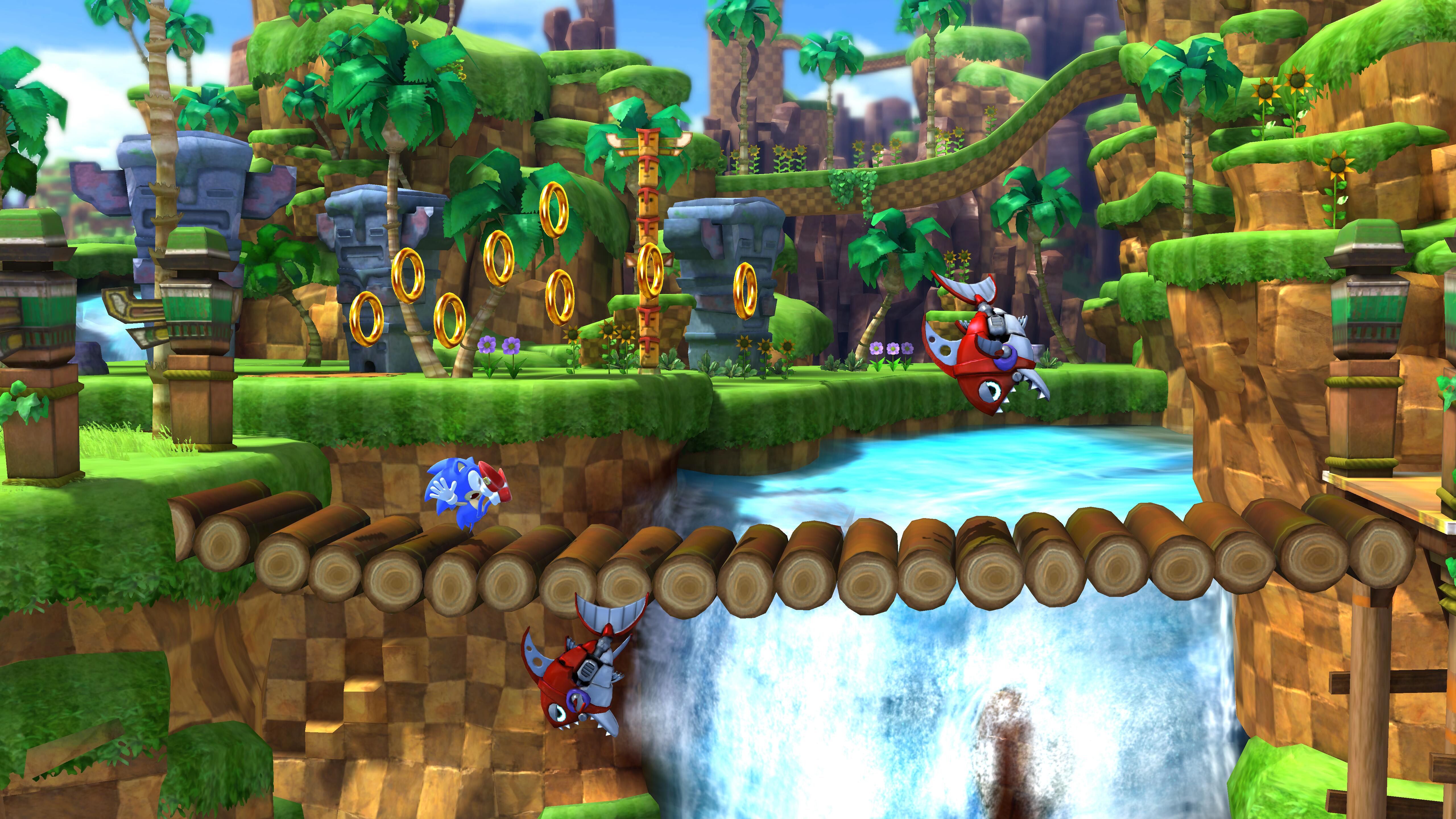 Classic Sonic loses rings on a bridge in Green Hill Zone in Sonic Generations