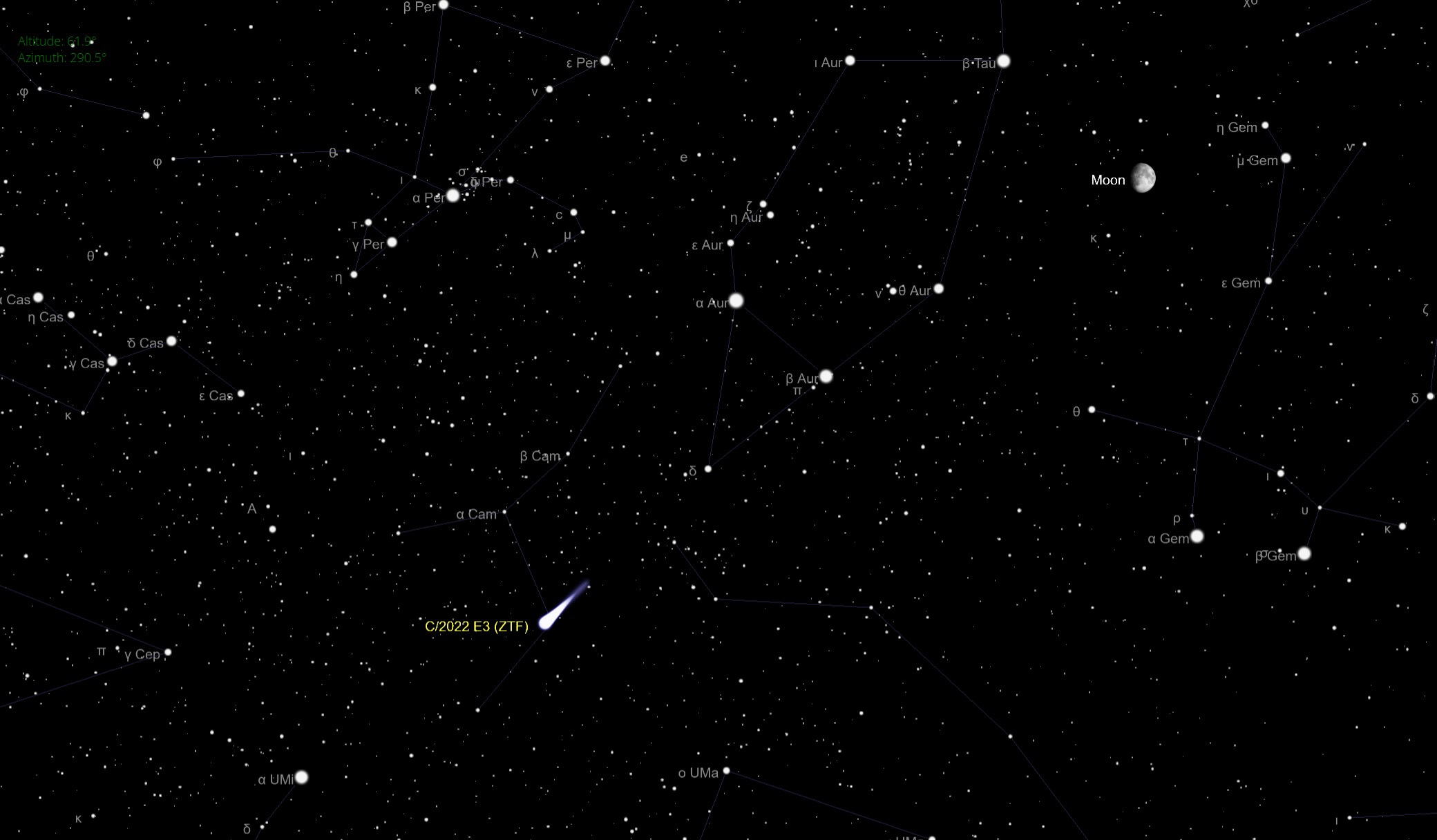 An illustration of the night sky on Wednesday (Feb. 1) showing the location of comet C/2022 E3 (ZTF) as viewed from New York City, facing north at 6:45 p.m. EST (2345 GMT).