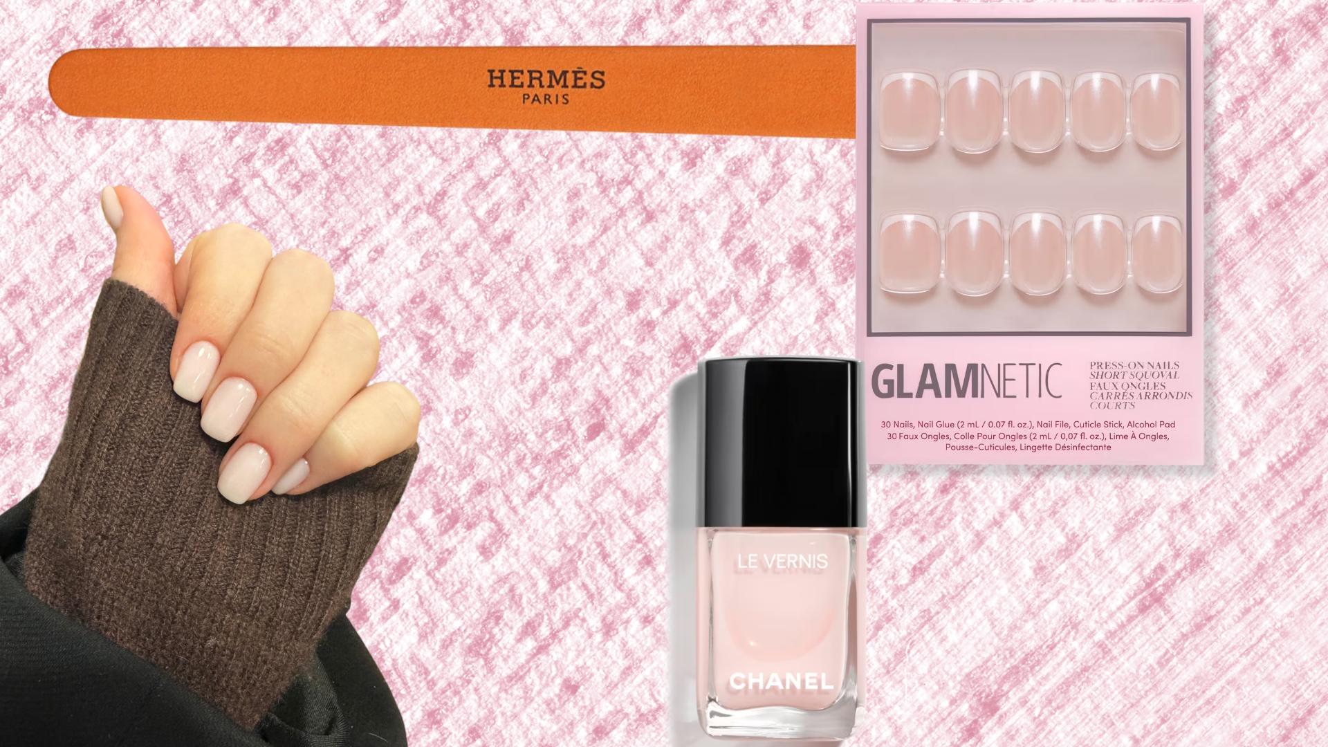 hand with squoval pink manicure on a pink background with a nail file, chanel polish and squoval press ons 