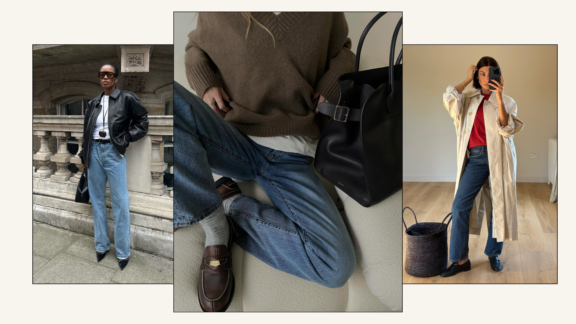 Three influencers wearing stylish autumn jeans outfits