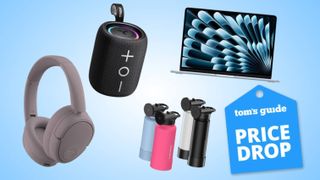 Compilation showing Jlab headphones, Tribit speaker, Scosche flask, MacBook Air M4.